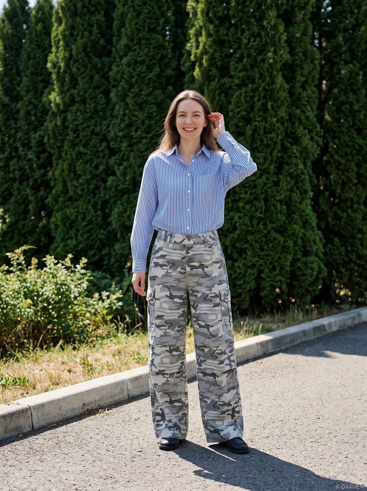 Grey Camouflage Wide-Leg Cargo Pants