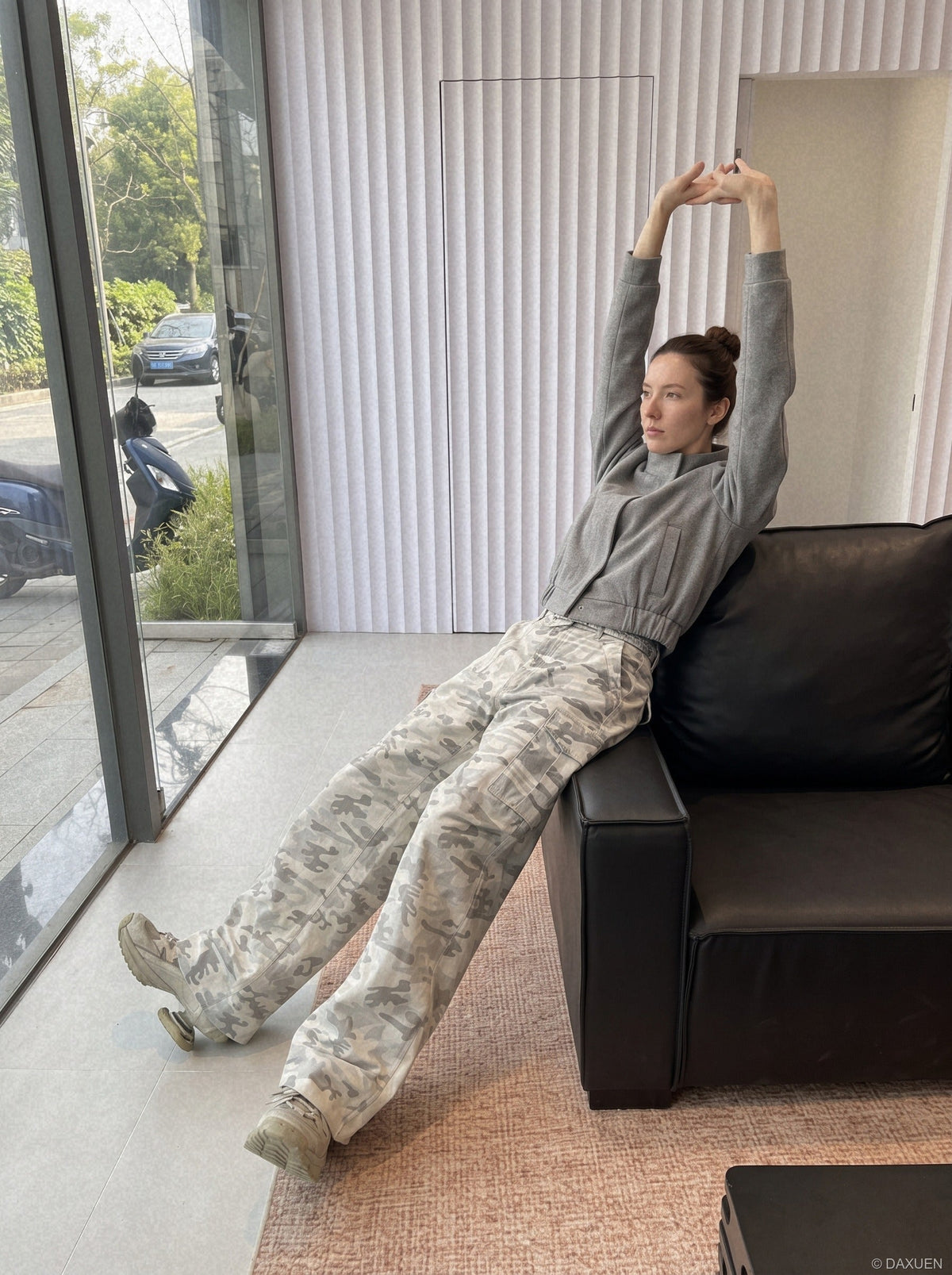 Grey Camouflage Wide-Leg Cargo Pants