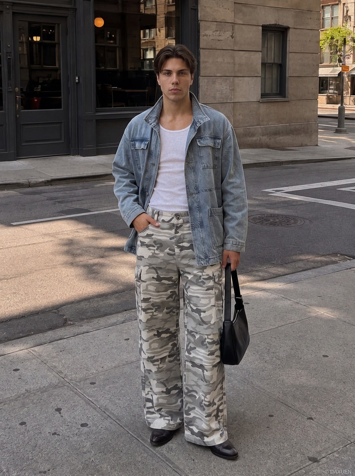 Grey Camouflage Wide-Leg Cargo Pants