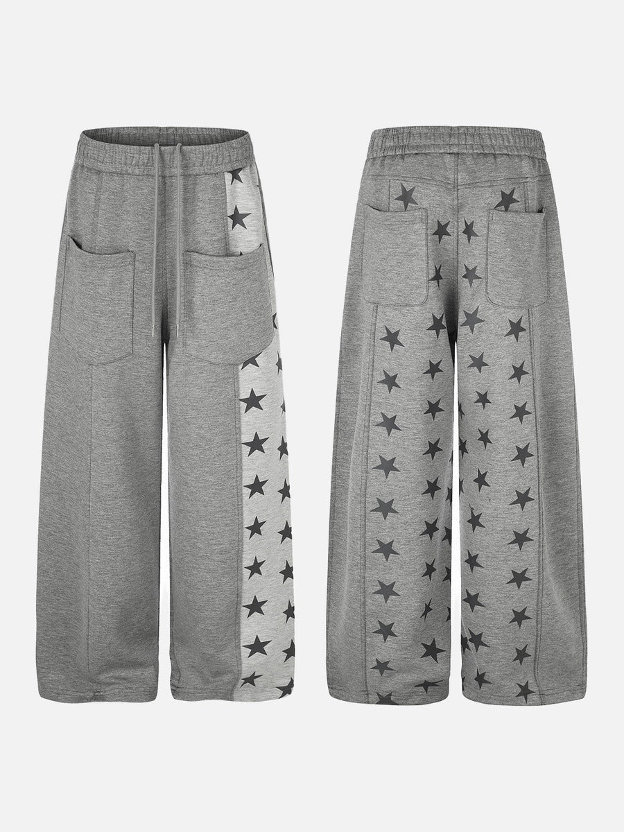 Grey Wide-Leg Sweatpants with Star Panels