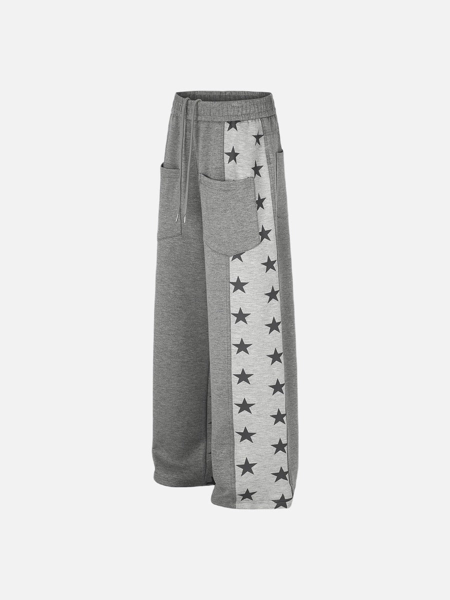 Grey Wide-Leg Sweatpants with Star Panels
