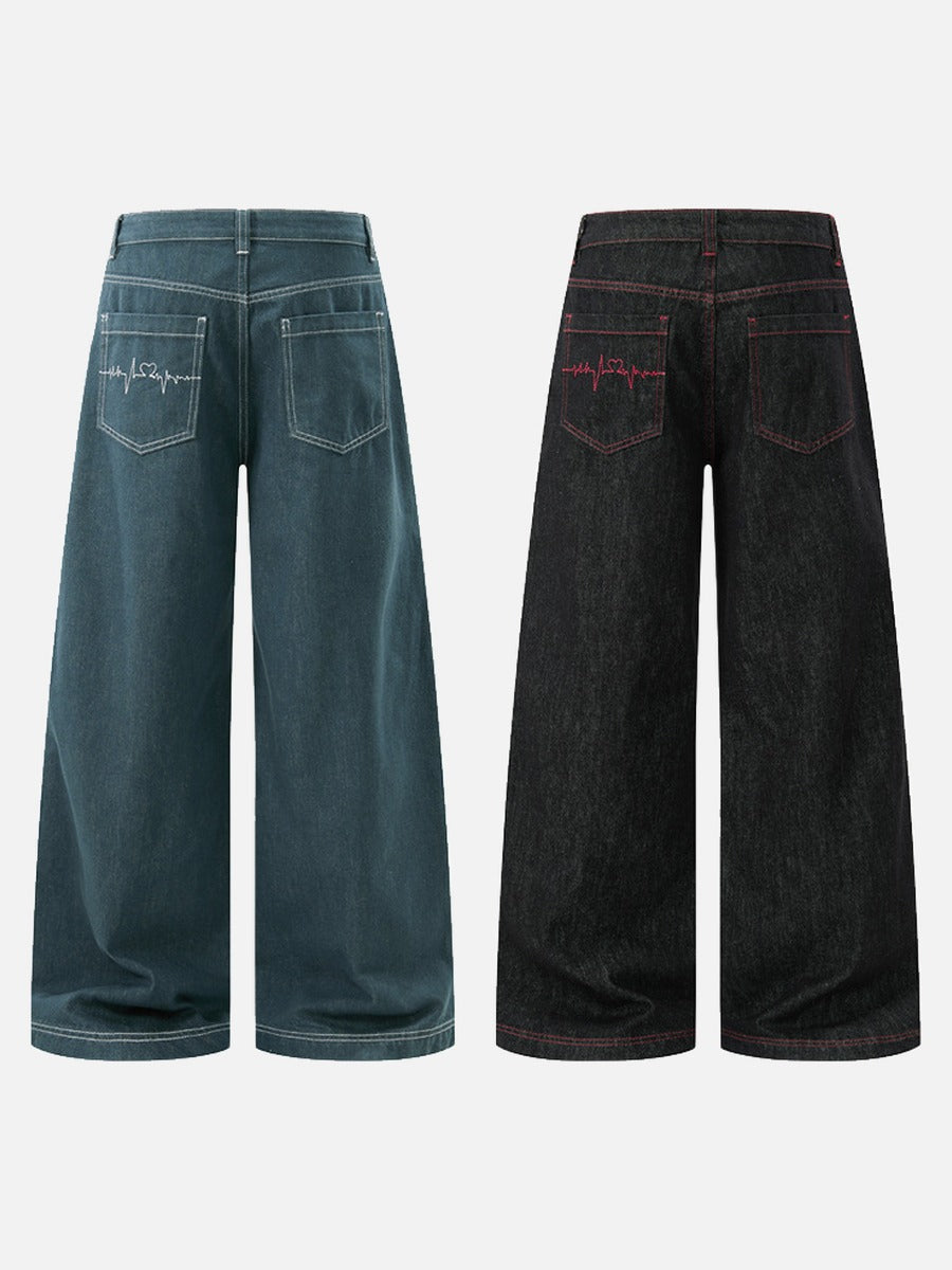 DAXUEN dark blue wide-leg heartbeat graphic denim pants