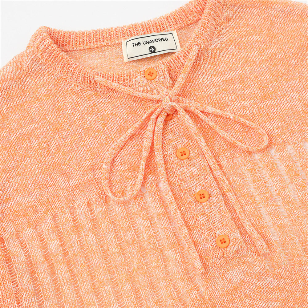 Heathered Open-Knit Sweater with Bow Placket