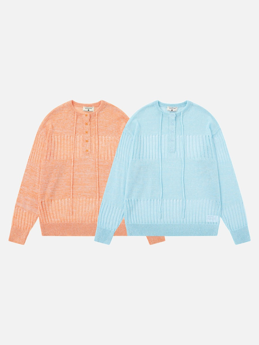 Heathered Open-Knit Sweater with Bow Placket