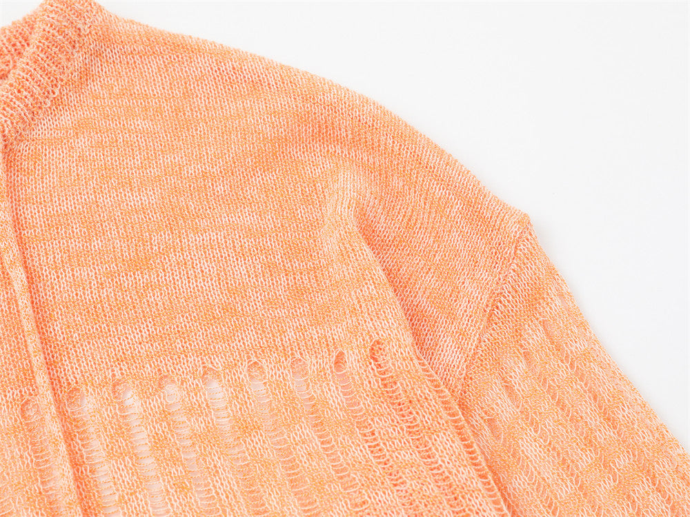 Heathered Open-Knit Sweater with Bow Placket