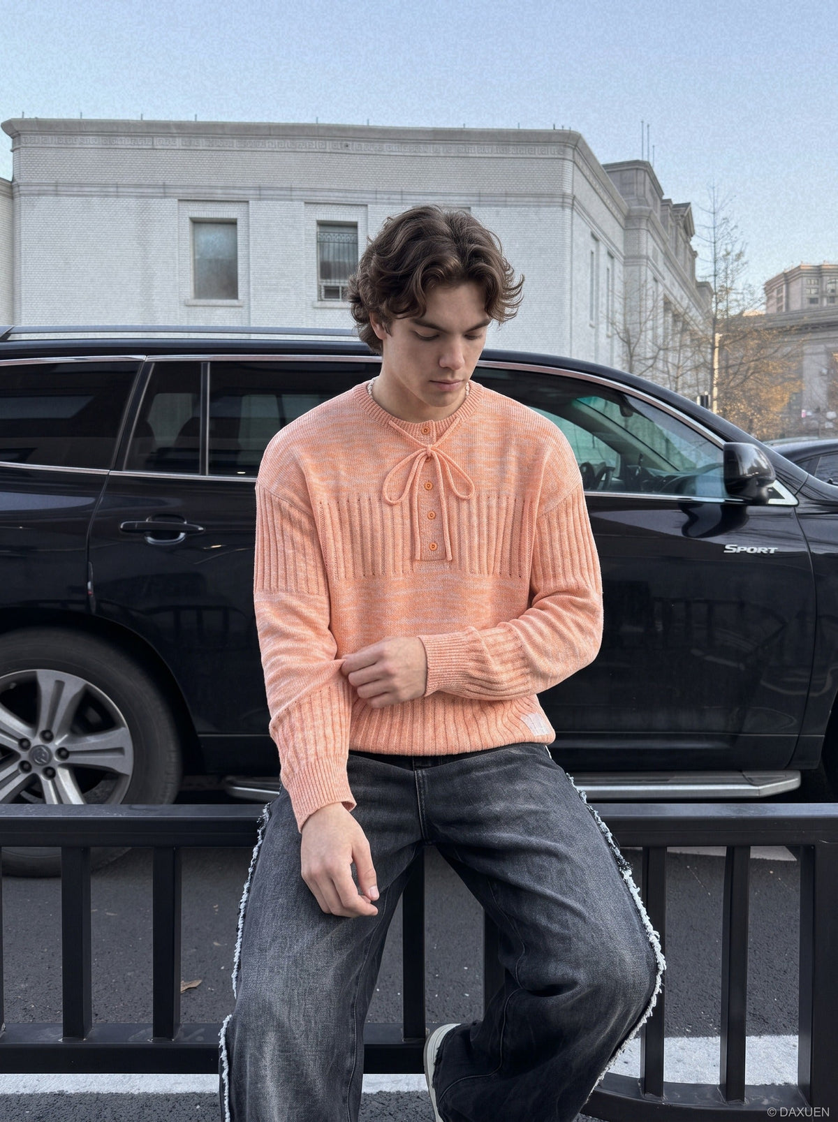 Heathered Open-Knit Sweater with Bow Placket