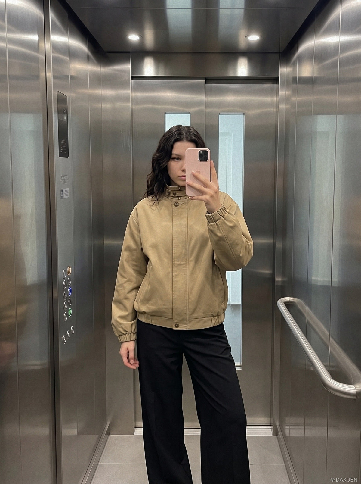 DAXUEN black oversized high-collar bomber jacket — model photo