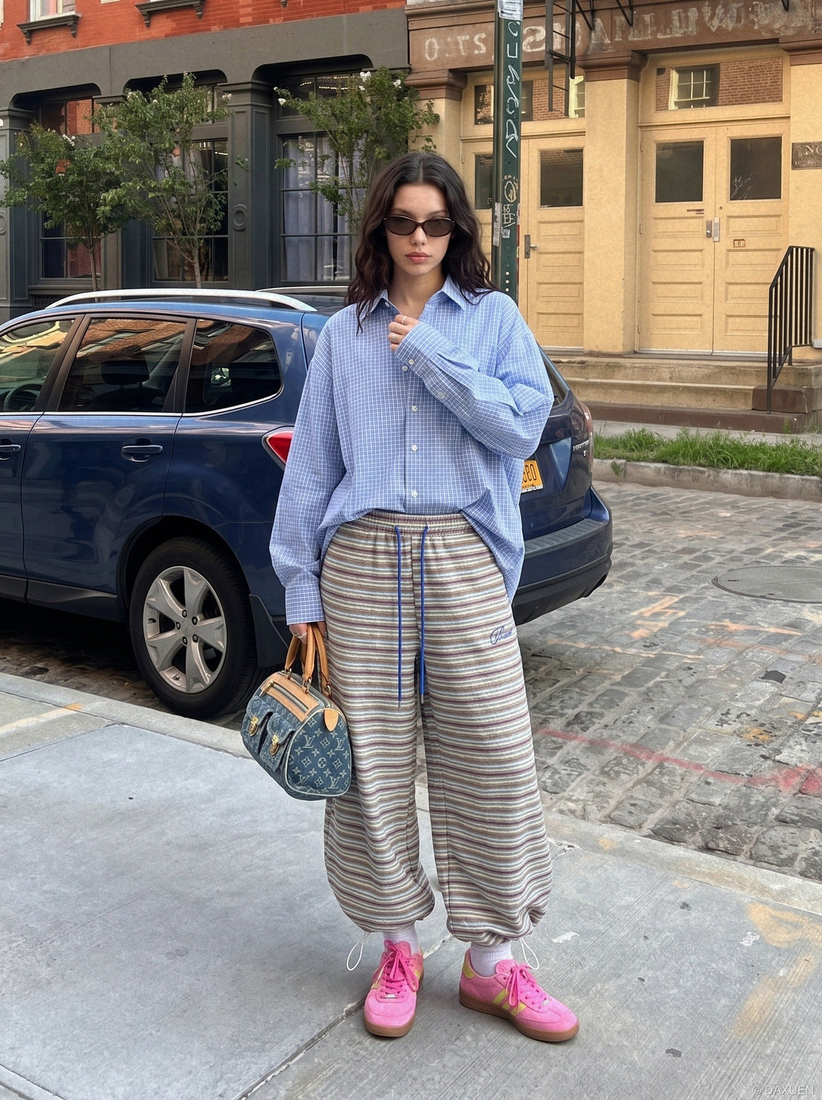 DAXUEN light beige and grey horizontal stripe wide-leg trousers — model photo