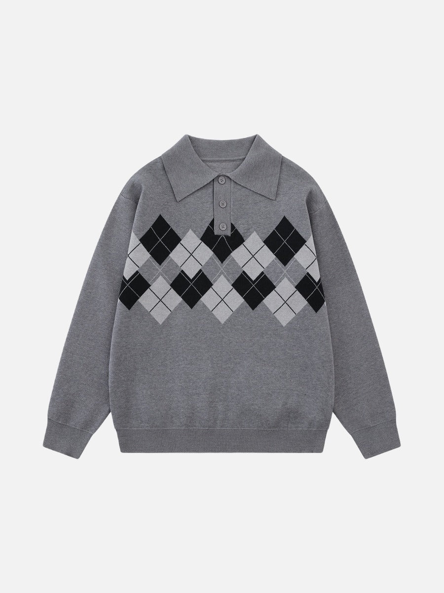 DAXUEN grey large argyle pattern long-sleeve polo sweater