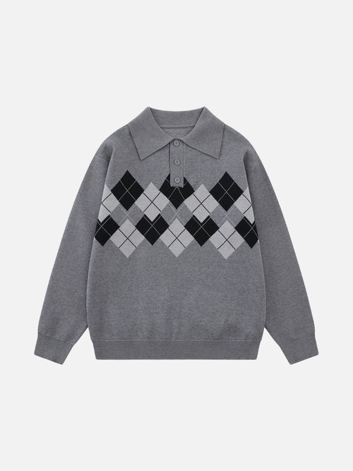 Polo-pull à manches longues à grand motif argyle - Gris / S