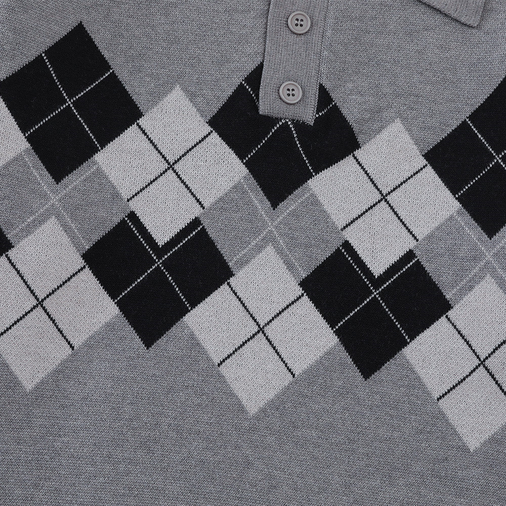 DAXUEN grey large argyle pattern long-sleeve polo sweater