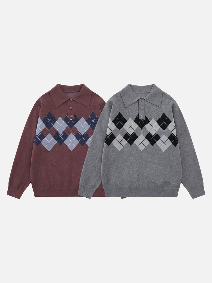 DAXUEN grey large argyle pattern long-sleeve polo sweater