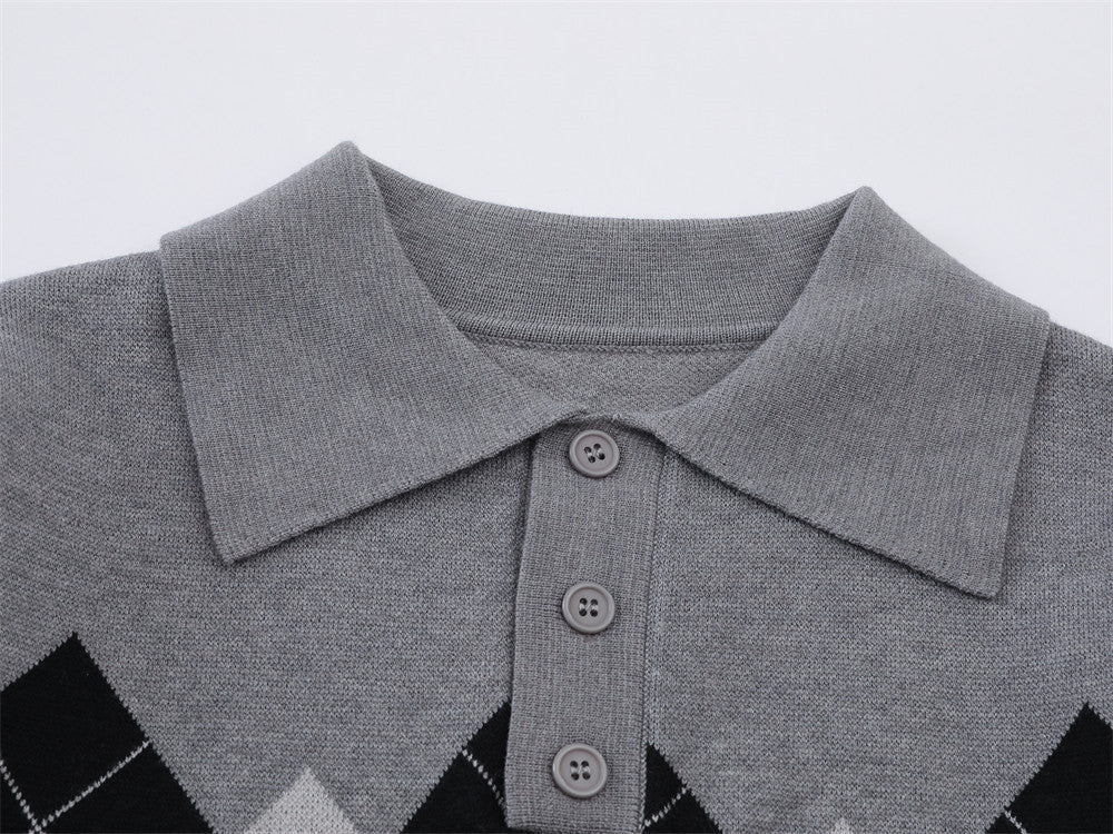DAXUEN grey large argyle pattern long-sleeve polo sweater