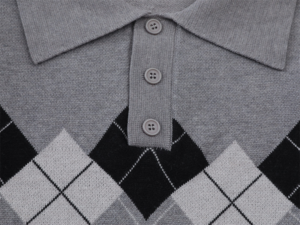 DAXUEN grey large argyle pattern long-sleeve polo sweater