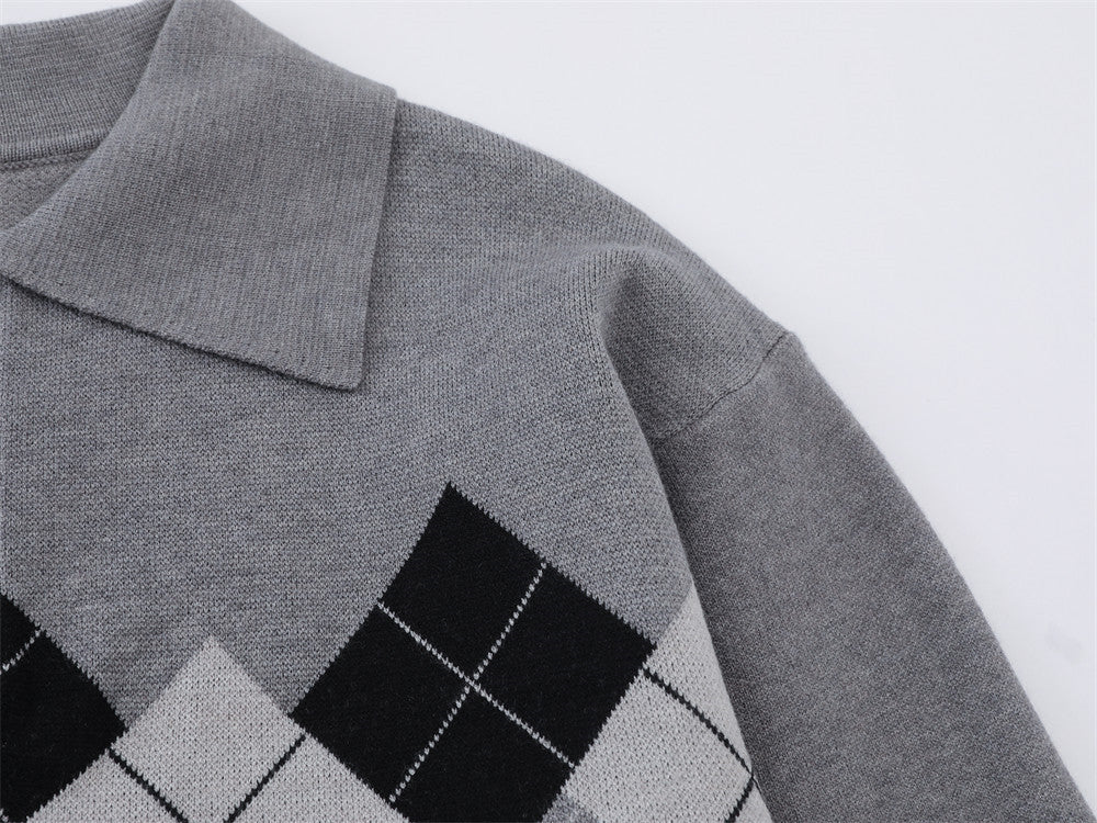 DAXUEN grey large argyle pattern long-sleeve polo sweater