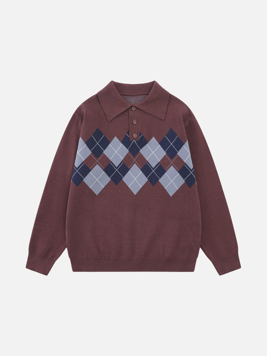 DAXUEN grey large argyle pattern long-sleeve polo sweater