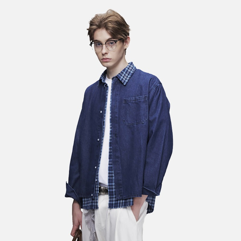 DAXUEN dark blue denim and plaid layered look shirt