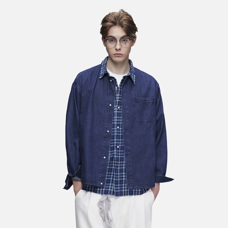 DAXUEN dark blue denim and plaid layered look shirt
