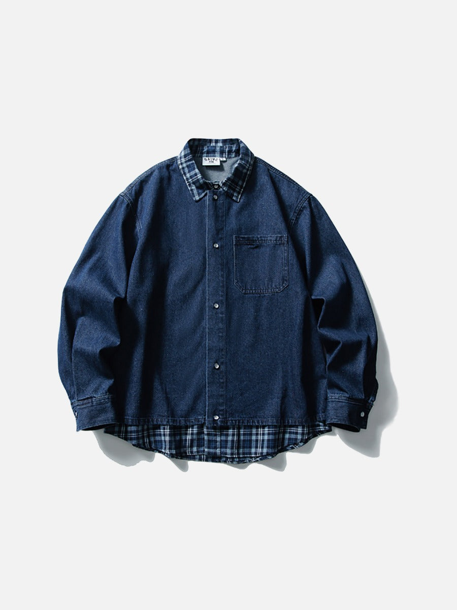 DAXUEN dark blue denim and plaid layered look shirt