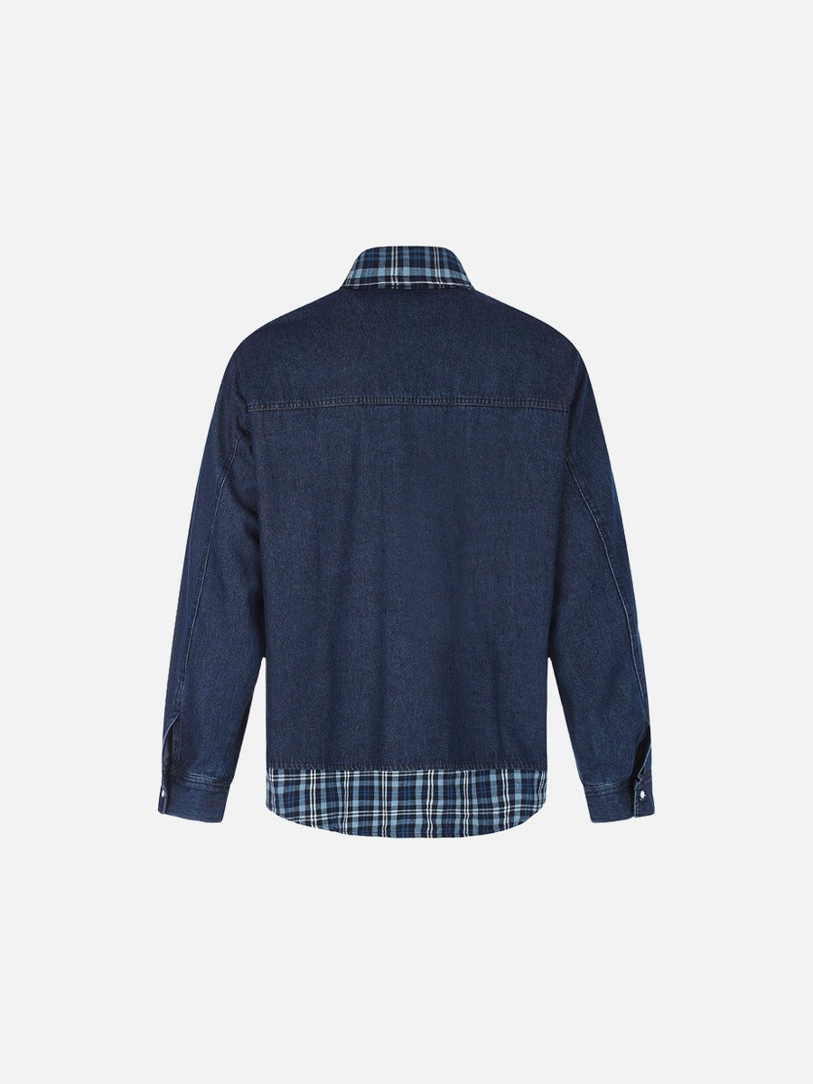DAXUEN dark blue denim and plaid layered look shirt