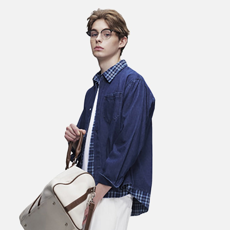 DAXUEN dark blue denim and plaid layered look shirt