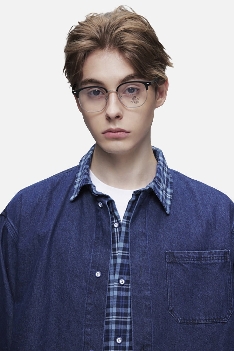 DAXUEN dark blue denim and plaid layered look shirt