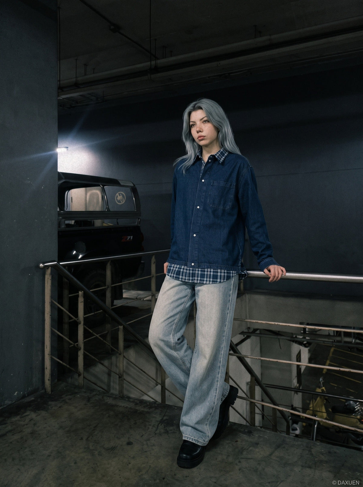 DAXUEN dark blue denim and plaid layered look shirt — model photo
