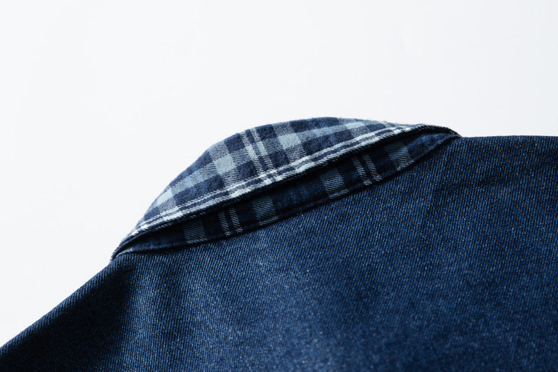 DAXUEN dark blue denim and plaid layered look shirt