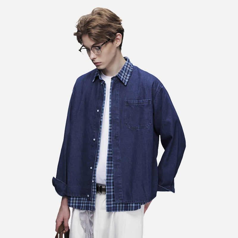 DAXUEN dark blue denim and plaid layered look shirt