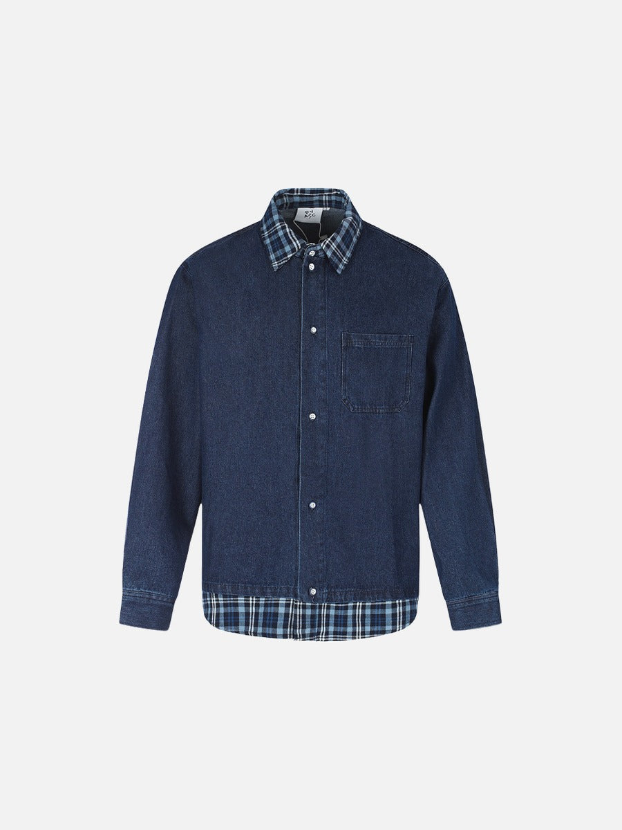 DAXUEN dark blue denim and plaid layered look shirt