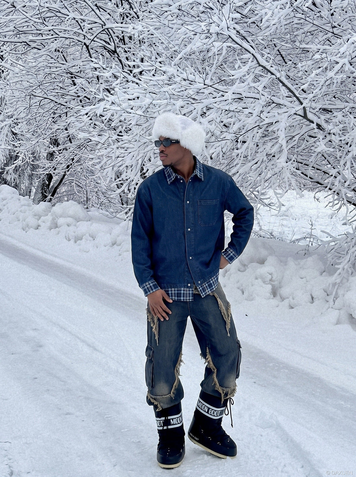 DAXUEN dark blue denim and plaid layered look shirt — model photo