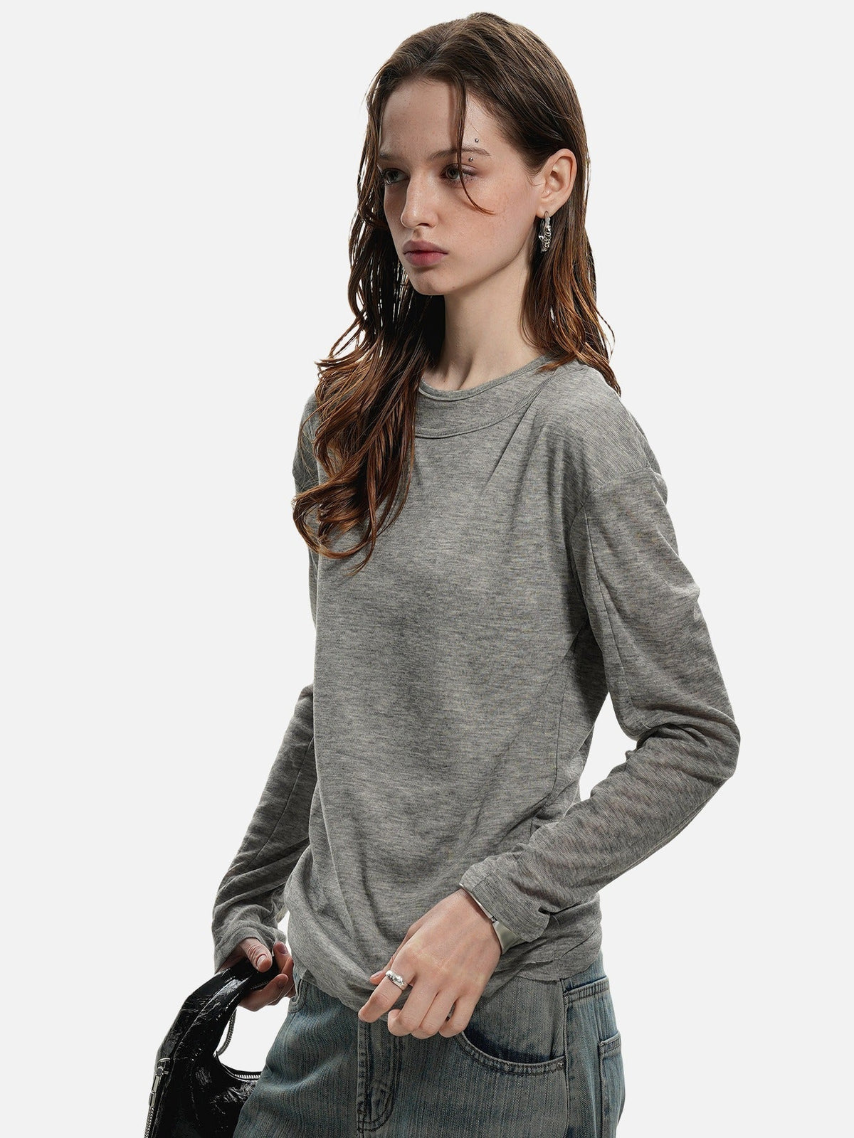Layered Edge Black Knit Long Sleeve Top