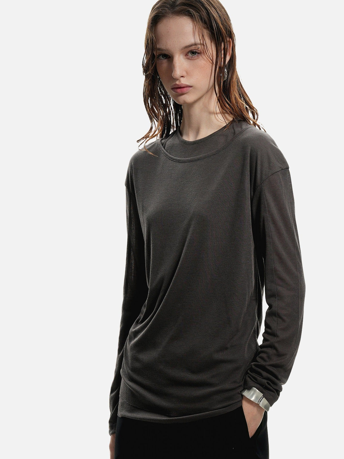 Layered Edge Black Knit Long Sleeve Top