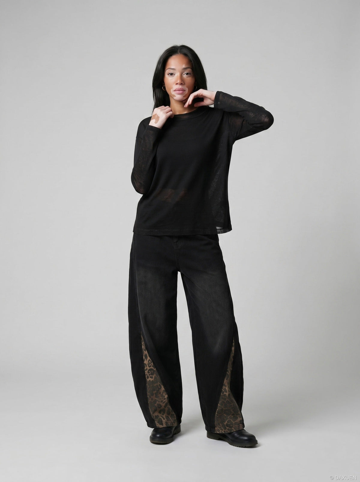 Layered Edge Black Knit Long Sleeve Top