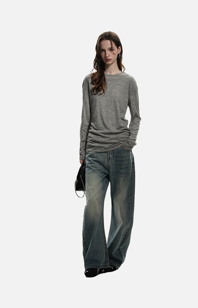 Layered Edge Black Knit Long Sleeve Top