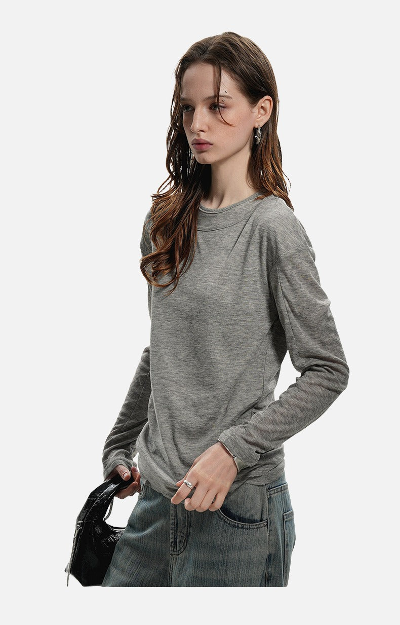 Layered Edge Black Knit Long Sleeve Top