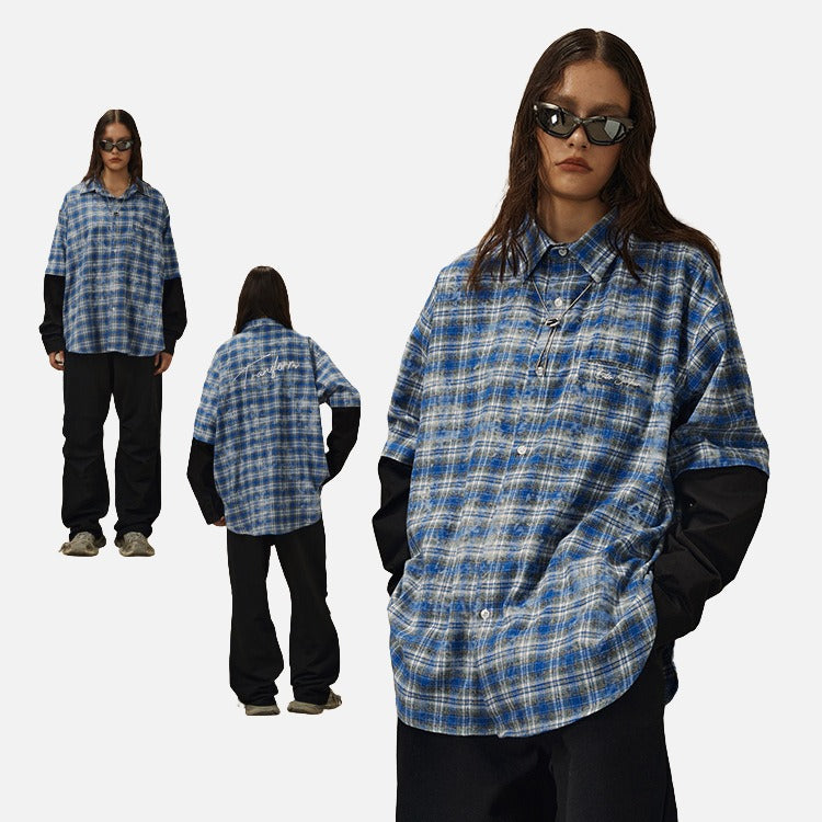 DAXUEN Layered plaid oversized long-sleeve shirt