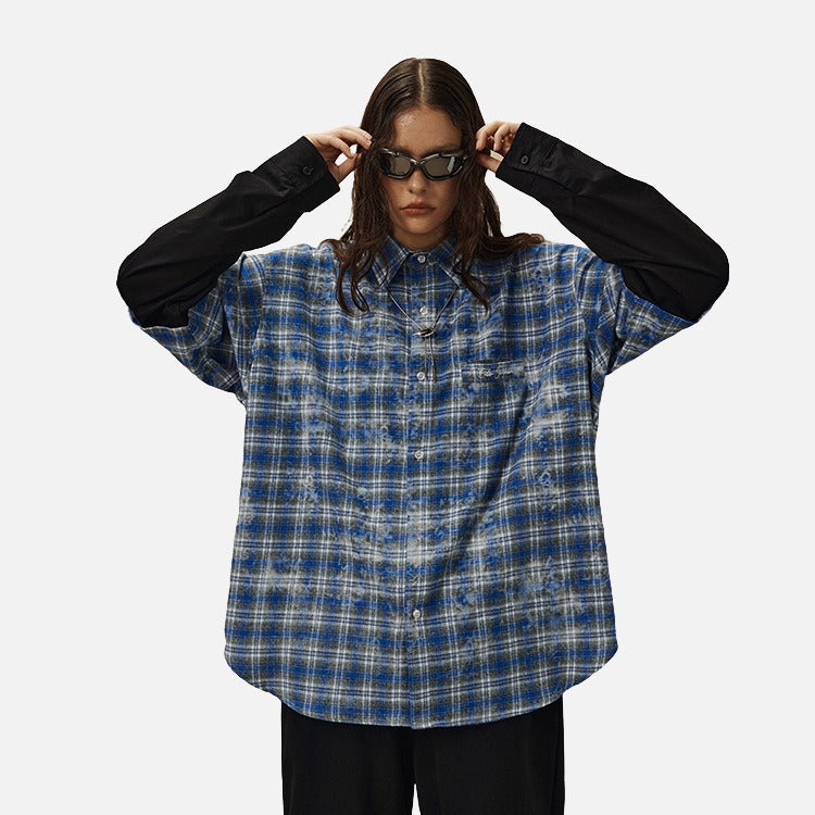 DAXUEN Layered plaid oversized long-sleeve shirt — model photo