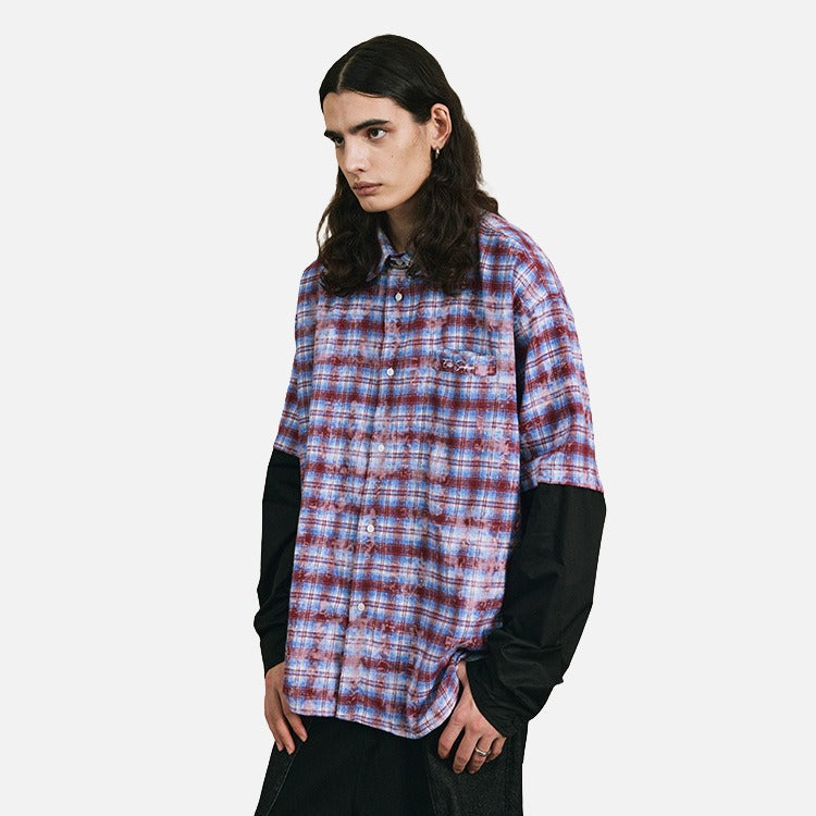 DAXUEN Layered plaid oversized long-sleeve shirt — model photo