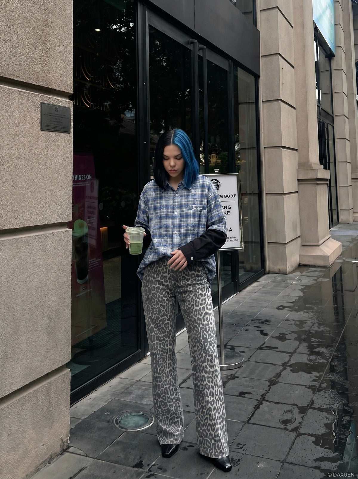 DAXUEN Layered plaid oversized long-sleeve shirt