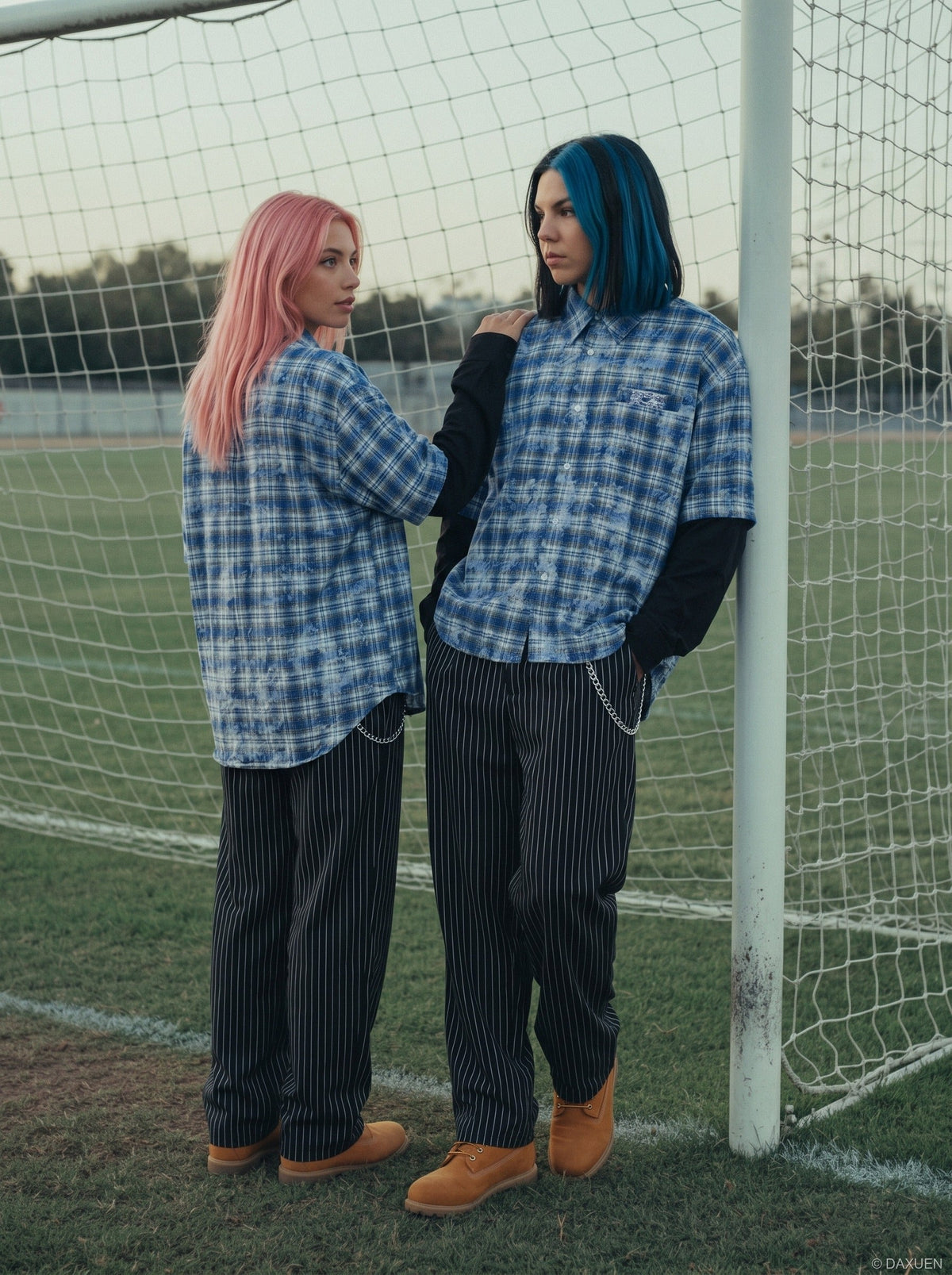 DAXUEN Layered plaid oversized long-sleeve shirt — model photo