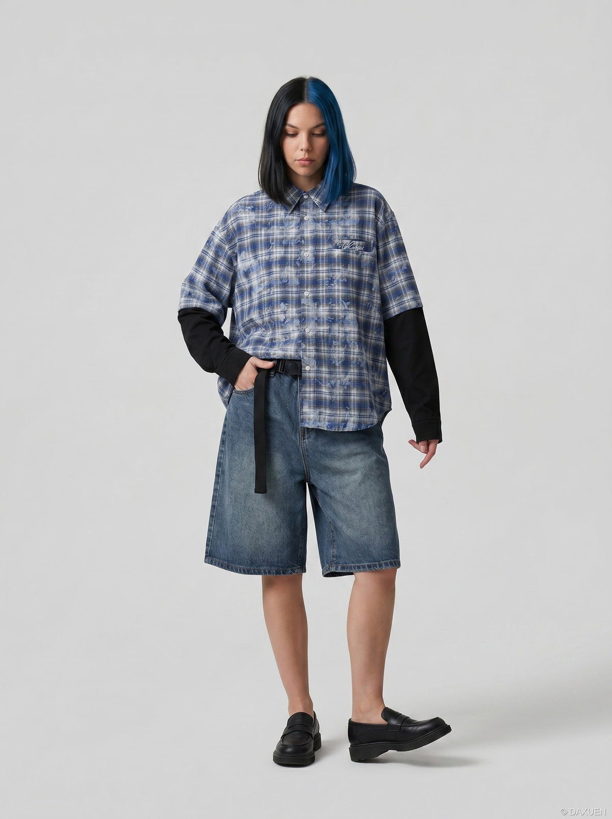 DAXUEN Layered plaid oversized long-sleeve shirt — model photo