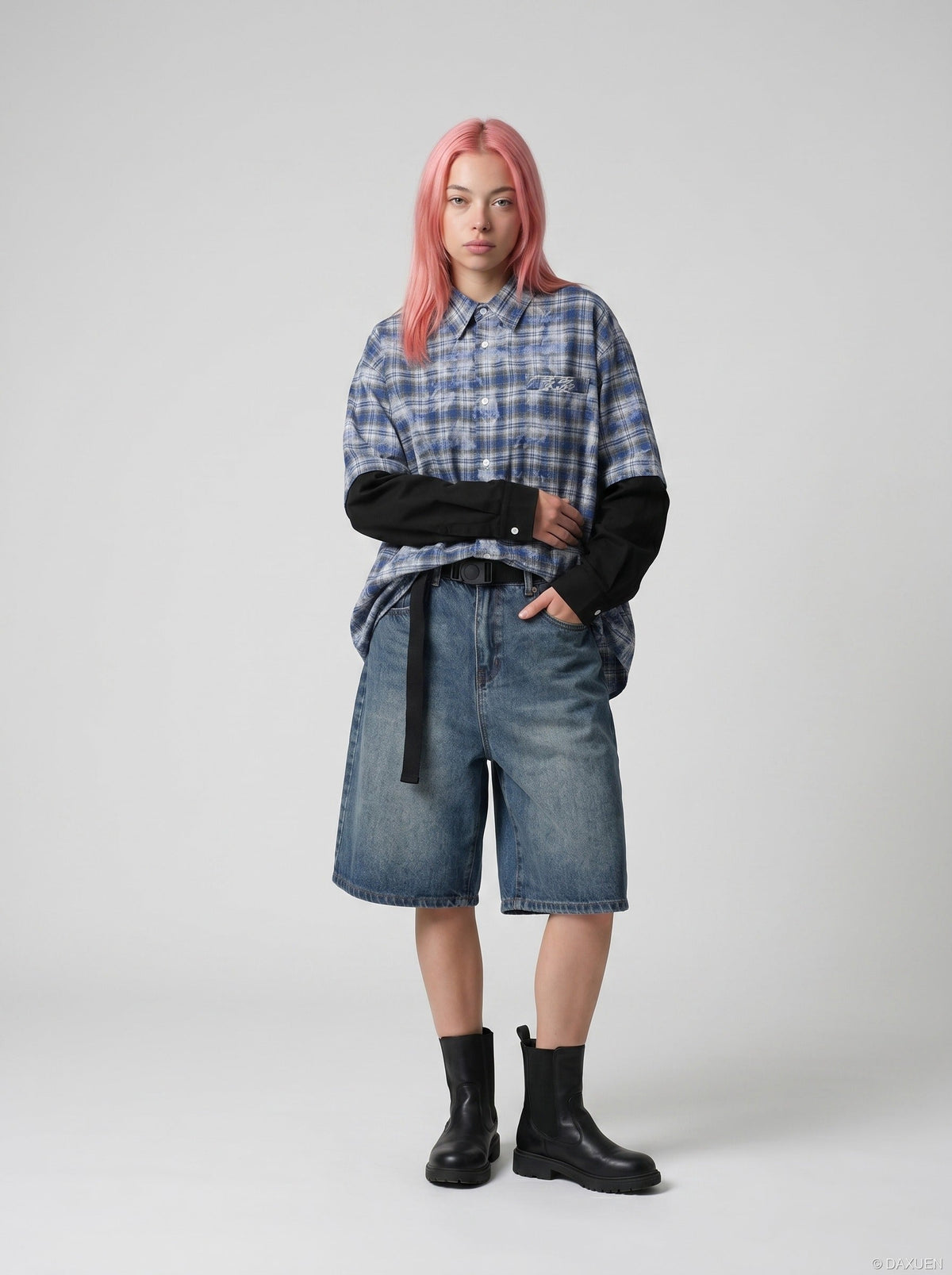 DAXUEN Layered plaid oversized long-sleeve shirt — model photo