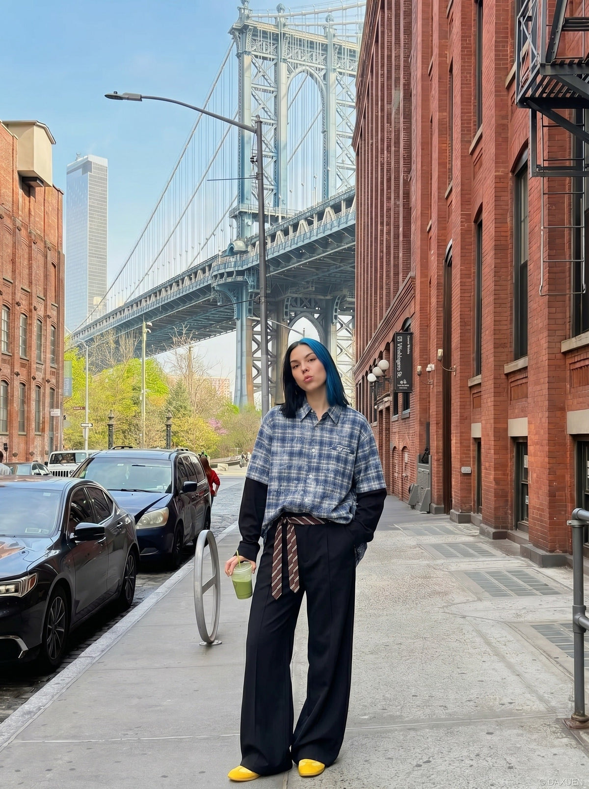 DAXUEN Layered plaid oversized long-sleeve shirt — model photo