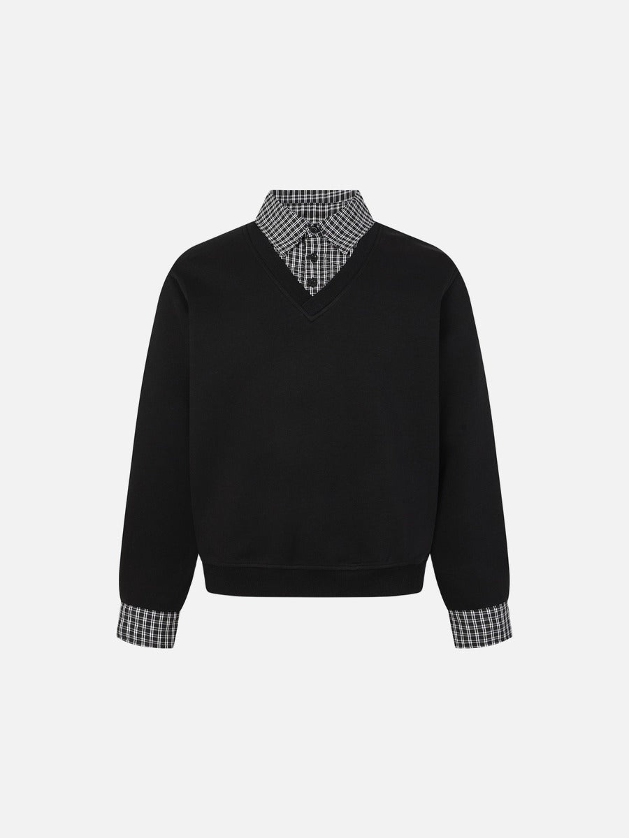 DAXUEN black layered plaid v-neck sweatshirt