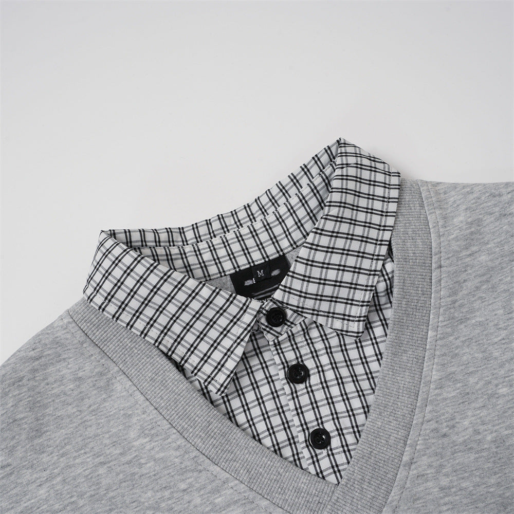DAXUEN black layered plaid v-neck sweatshirt