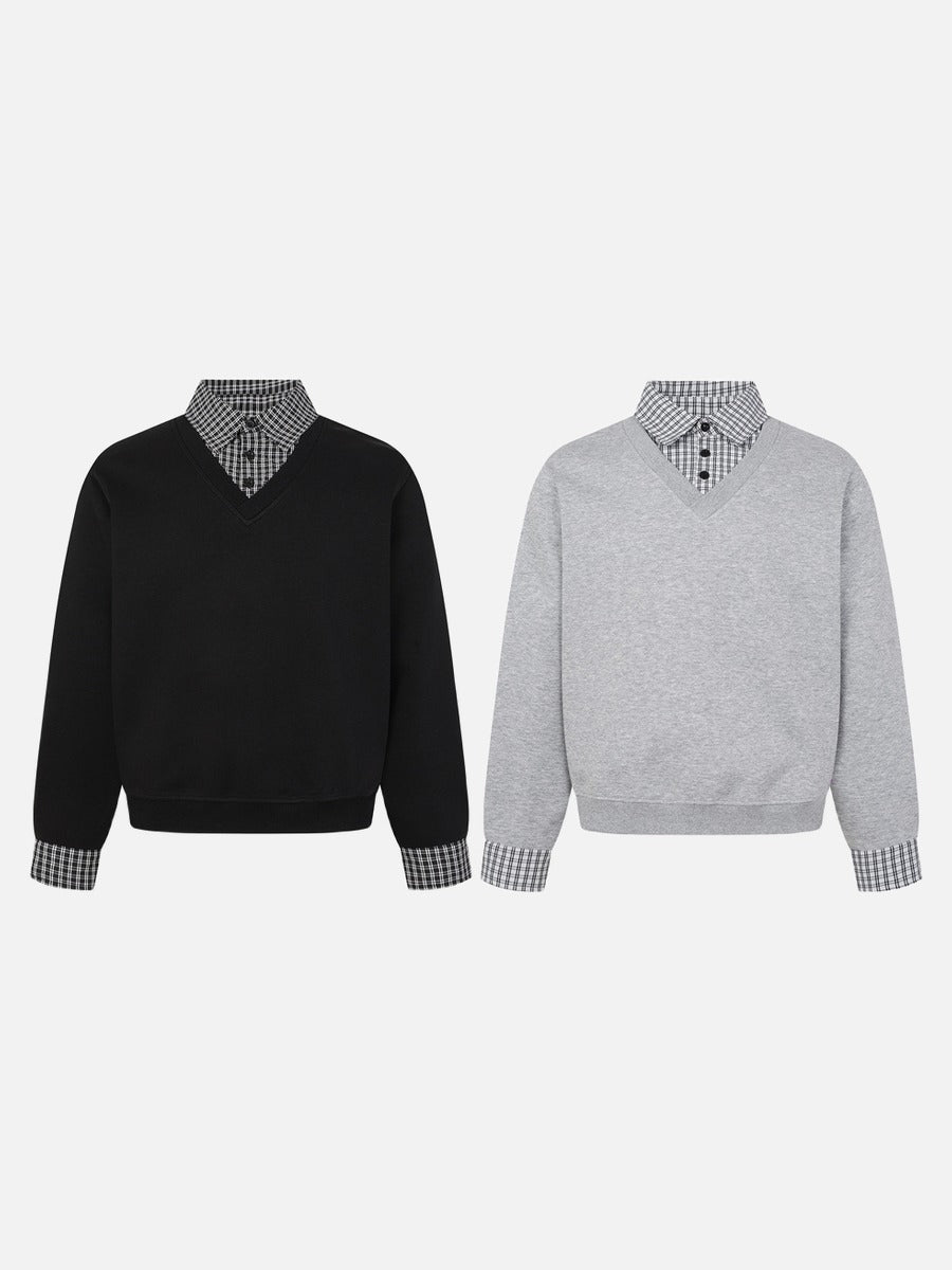 DAXUEN black layered plaid v-neck sweatshirt