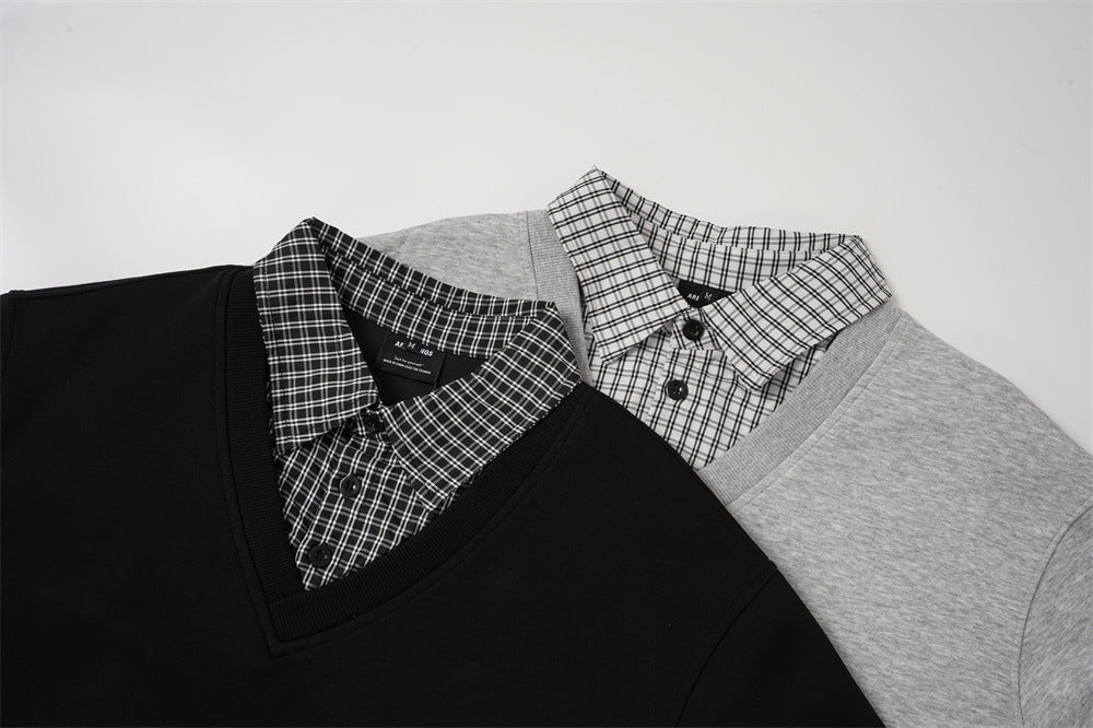DAXUEN black layered plaid v-neck sweatshirt