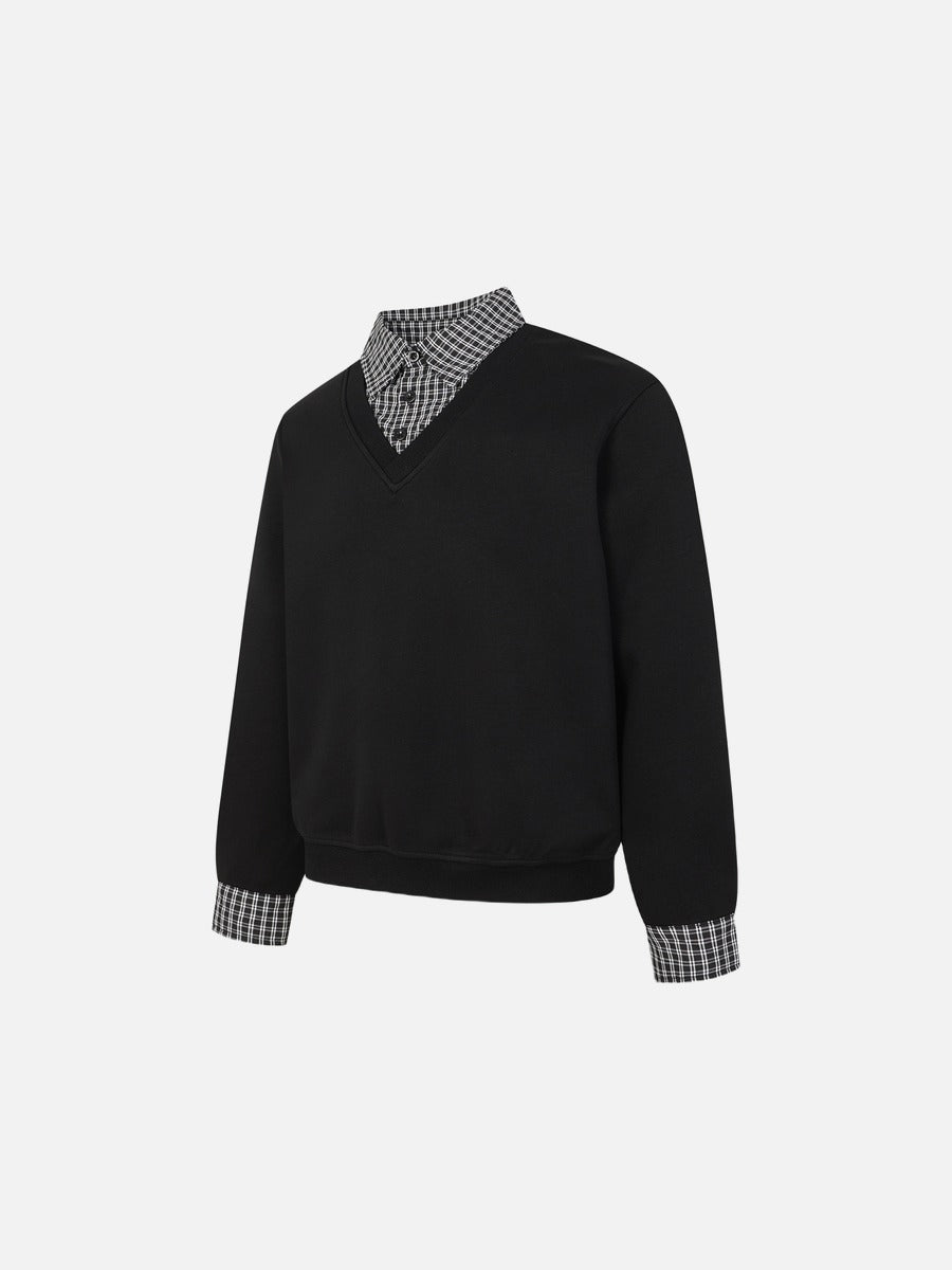 DAXUEN black layered plaid v-neck sweatshirt