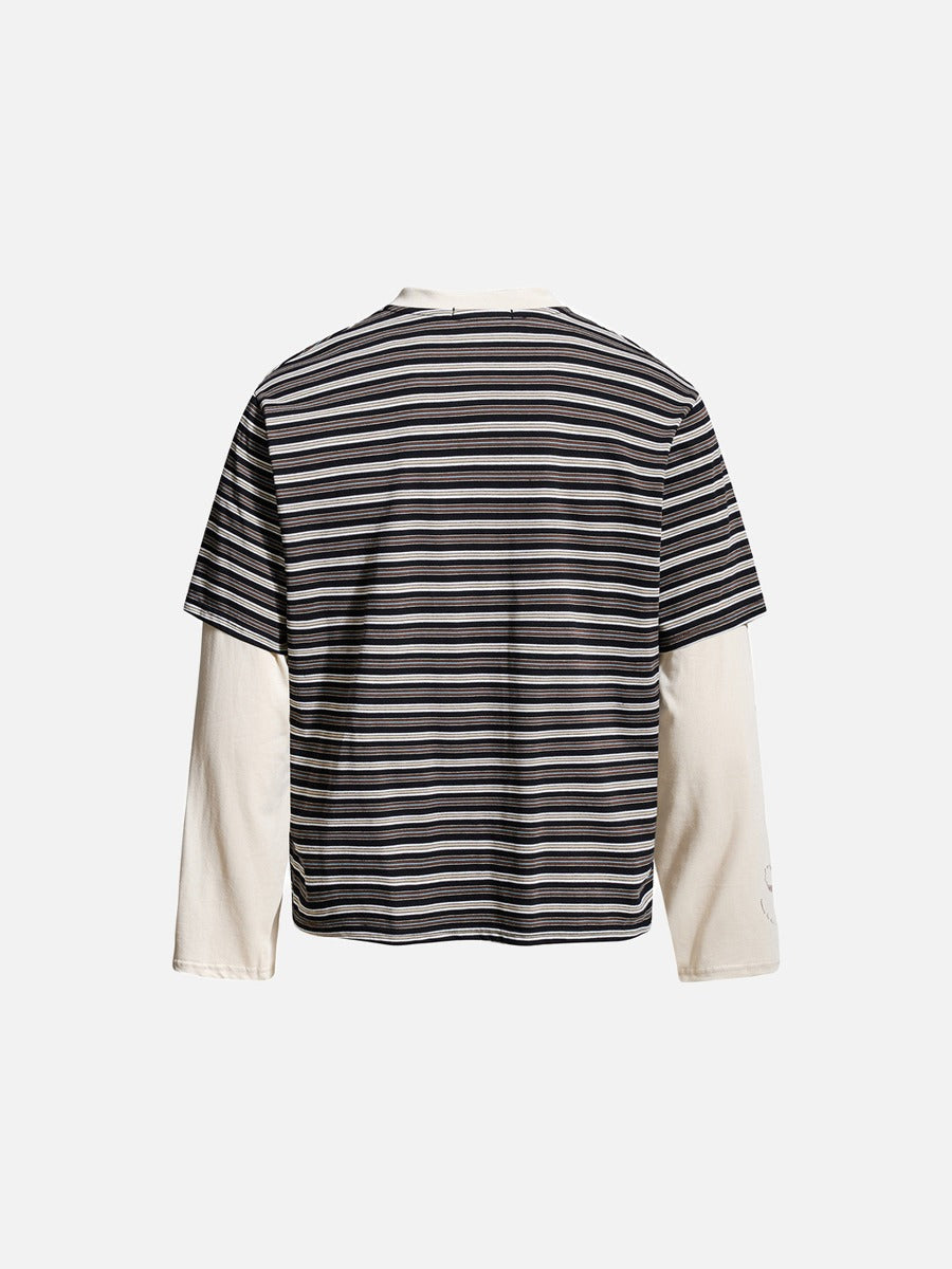 Layered Striped Henley with Graphic Detail T-Shirt